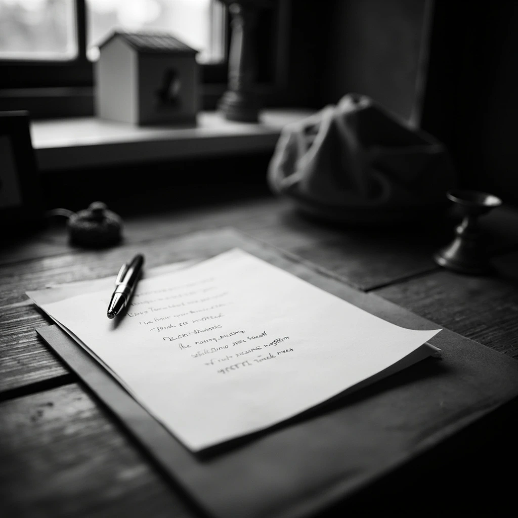 A manuscript page and pen on Eva's studio desk.